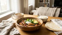 Easy pulled chicken and black bean chili with pantry staples and big flavor
